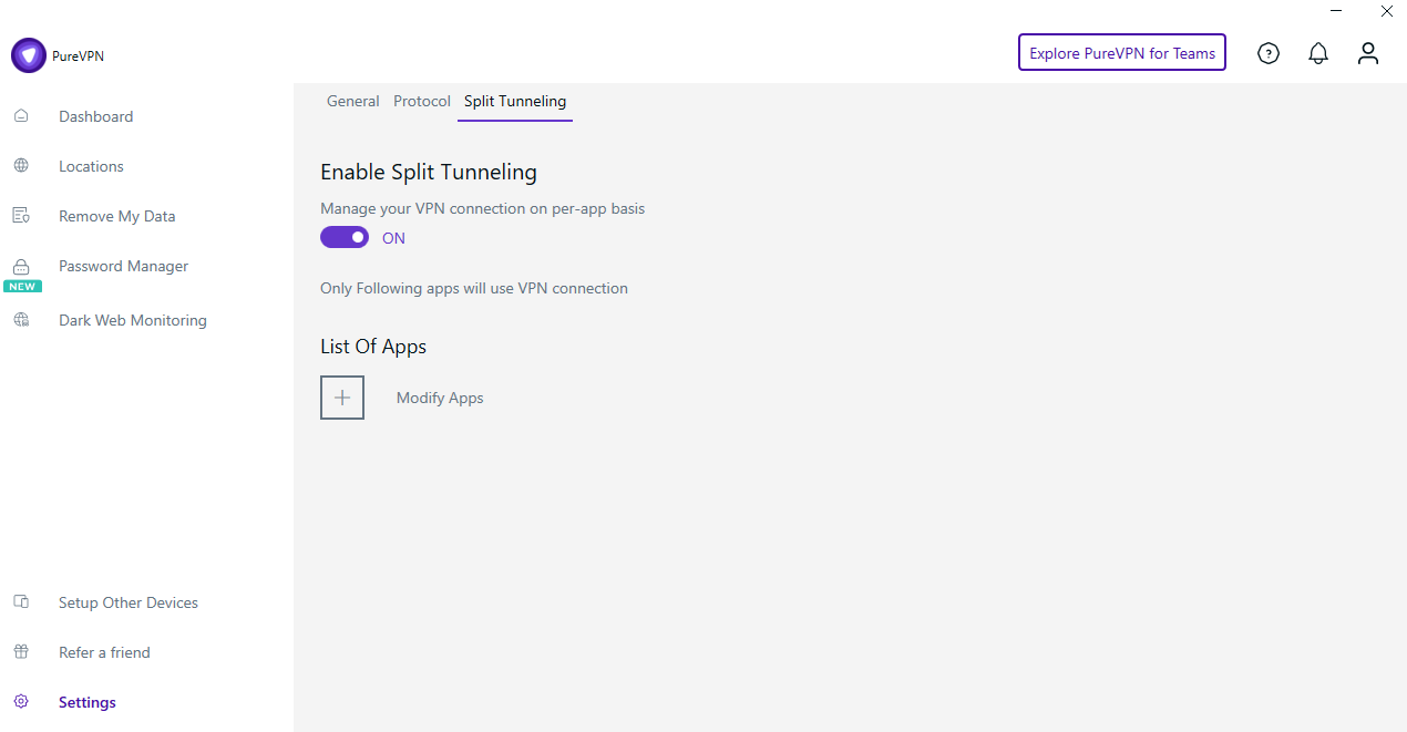 PureVPN and Split tunneling